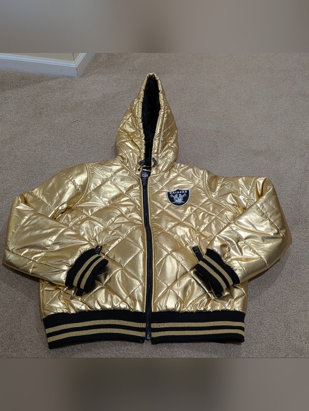 NFL Women's Metallic Gold Quilted Hooded Bomber Jacket NWOT